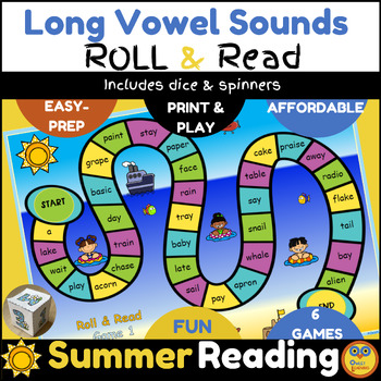 Preview of Long Vowels Roll and Read Games for Summer & Beach Fun Theme for K, Grades 1 & 2