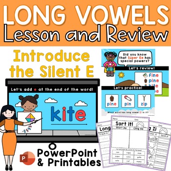 Preview of Long Vowels Silent E PowerPoint Lesson and Long Vowel CVCe Worksheets