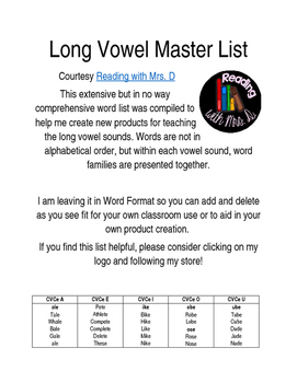 Preview of Long Vowels Word List FREEBIE