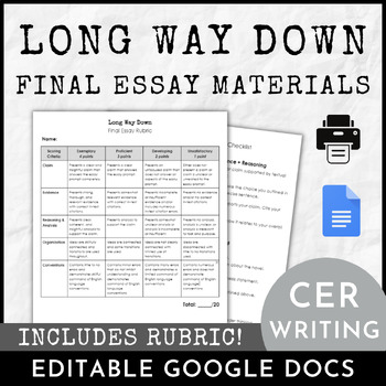 Preview of Long Way Down Final Essay Instructions & Rubric | Editable Google Docs