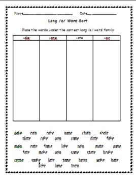 Long a Word Sort with Word Bank by Patty Chirumbolo | TPT