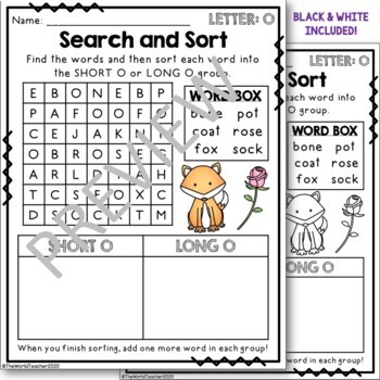 Long and Short O - Word Search and Sort by The World Teacher | TpT