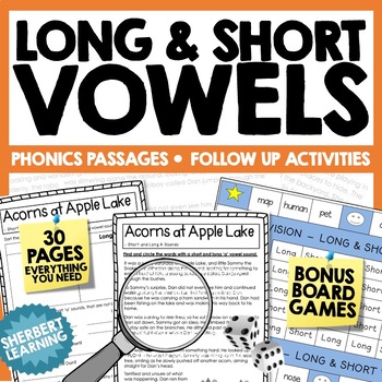 Preview of Long and Short Vowel Sounds - A E I O U - Passages Worksheets & Board Games