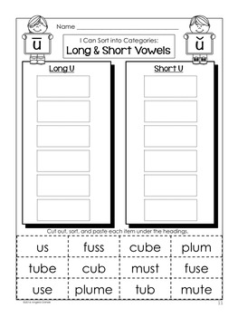Long and Short Vowel Word Sort (u with silent e) by Angela Dansie
