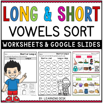 Preview of Long and Short Vowels Mixed Worksheets Google Kindergarten First Grade Phonics