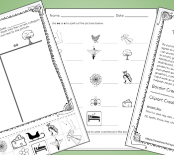 Preview of Long and Short Vowels: ee vs. e Picture Sort and Spelling Worksheets