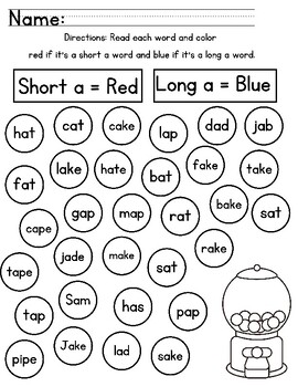 Long and short vowel magic e find and color (a, i, o, u) by learnin ...