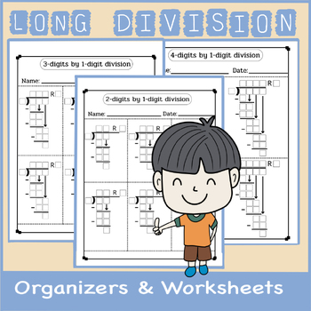 Preview of Long division organizers and worksheets. 2-3-4 digits with 1 digit divisor.
