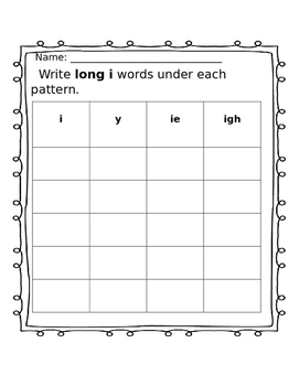 Preview of Long i word sort i, ie, igh, y