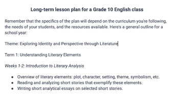 Preview of Long-term lesson plan for a Grade 10 English class