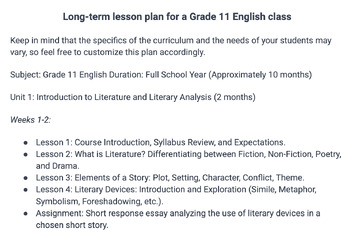 Preview of Long-term lesson plan for a Grade 11 English class