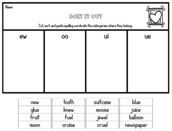 Long u Spelling Practice - ui, ew, oo, ue - 2nd Grade - Valentine's Day