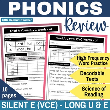 Preview of Long u & e Silent e VCE Decodable Passages Comprehension Questions Phonic Review