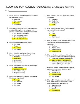 Looking for Alaska Quizzes & Final Exam - Parts 1-40 with Answer Key
