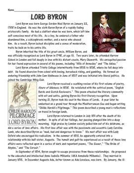 Preview of Lord Byron Biography Reading Comprehension Worksheet, Poetry