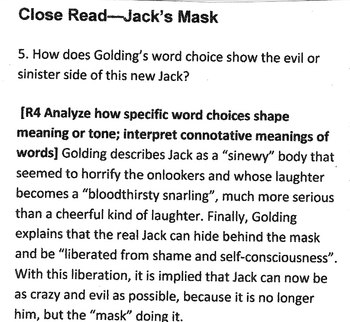 Preview of Lord of the Flies, Chapter 4, Close Read for Jack's Mask