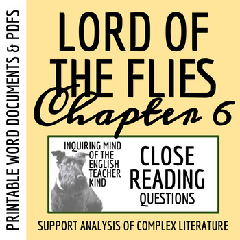 Preview of Lord of the Flies Chapter 6 Close Reading Analysis Worksheet - Printable