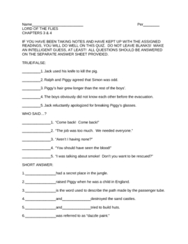 Lord Of The Flies Quiz Chapter 4 Worksheets Teaching Resources Tpt