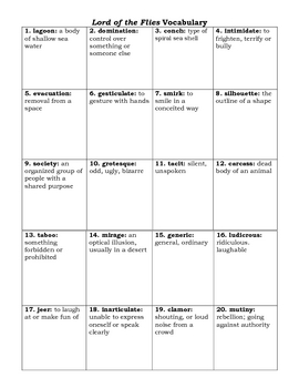 Preview of Lord of the Flies - Vocabulary Squares