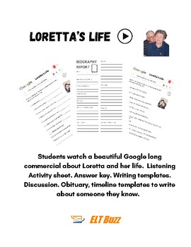 Preview of Loretta.  Google Commercial Listening / Obituary. Research. Templates. ELA.