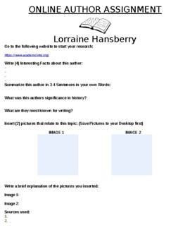 Preview of Lorraine Hansberry "Author Mini-Research" Online Assignment