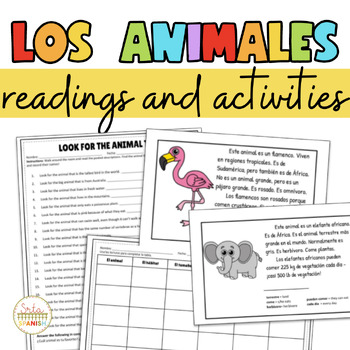 Preview of Los Animales Spanish Animals Vocab Reading and Activities Spanish 1 Sub Plans