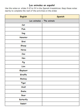 Los Animales - Vocabulary sheet by Elizabeth Lambot | TPT