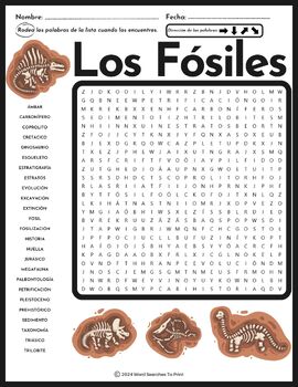 Preview of Los Fósiles Sopa de Letras – Spanish Fossils Word Search Puzzle