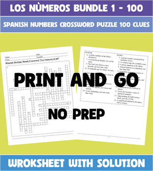 Preview of Los Numeros - Spanish Numbers 1-100 Crossword Puzzle Worksheet Bundle