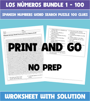 Preview of Los Numeros - Spanish Numbers 1-100 Word Search Puzzle Worksheet Bundle