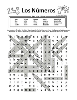 Los Numeros - Spanish Numbers 1-20 Word Search Puzzle Worksheet by Miss