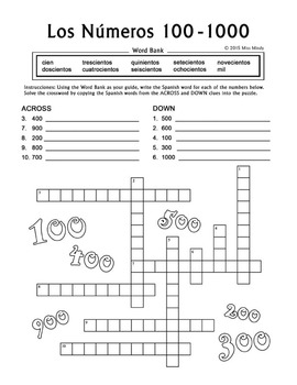 los numeros spanish numbers 100 1000 crossword puzzle worksheet by miss mindy