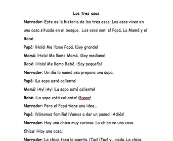 Preview of Los tres osos play script and worksheets