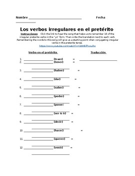 Preview of Los verbos irregulares en el pretérito (Irregular Verbs in the Preterite)