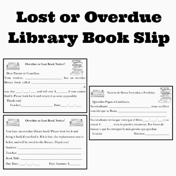 Preview of Lost or Overdue Library Book Slip - English & Spanish Version