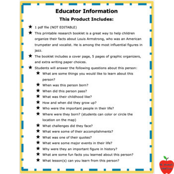 Louis Armstrong Biography Research, Reading Passage, Graphic Organizer,  Template