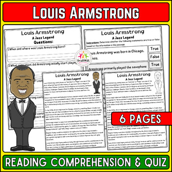 Preview of Louis Armstrong Nonfiction Reading & Quiz | Black History Month Activity BHM