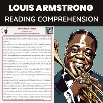 Preview of Louis Armstrong Reading Comprehension Worksheet King of Jazz Music