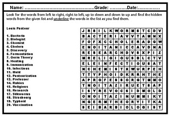 Preview of Louis Pasteur Word Search Worksheet, Famous Scientists Vocabulary Sub Plan