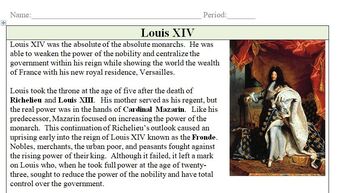 Louis XIV Biography Quick Read: 1 Page Reading with 3 Questions