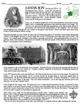 Preview of Louis XIV Sun King Biography and Questions