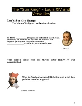 Preview of King Louis XIV- student note packet (High School)