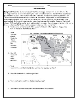 Louisiana Purchase Map Worksheet Louisiana Purchase Map Worksheet with Answer Key by Social Studies 