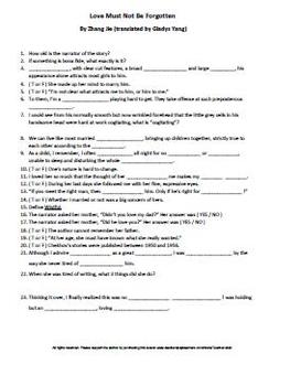 Preview of Love Must Not Be Forgotten by Zhang Jie Complete Guided Reading Worksheet