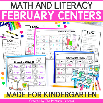 Preview of February Literacy and Math Centers for Kindergarten