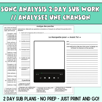 Preview of Love Song Analysis - 2-Day French Sub Work // Valentine's Day Activity