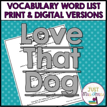 Preview of Love That Dog by Sharon Creech Vocabulary Word List