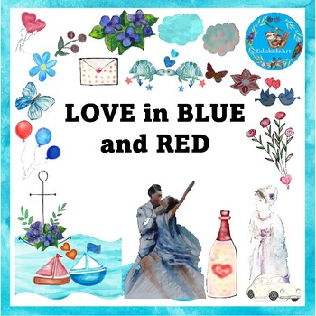 Preview of Love, Valentine's day, wedding watercolour clipart set in red and blue