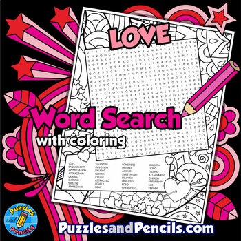 Preview of Love Word Search Puzzle Activity Page with Coloring | Valentine's Day Wordsearch