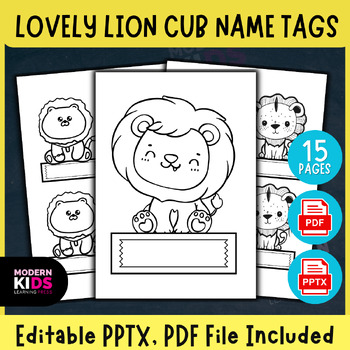 Preview of Lovely Lion Cub Name Tags - Editable PPTX, PDF